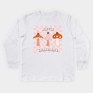 Vintage Merry Mushrooms. Retro vintage Christmas groovy toys of mushroom on checkerboard background. Kids Long Sleeve T-Shirt